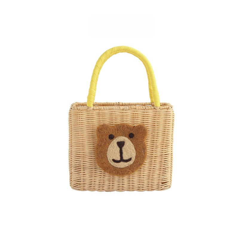 Bolsa de paja informal hecha a mano con forma de oso, portátil, para fiestas de verano, reuniones y picnic