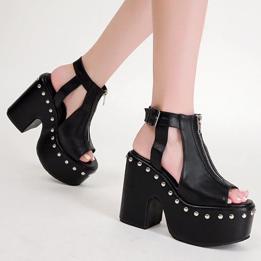 Women's Platform High Heel Front Zip Platform Vintage Rivet Sandals