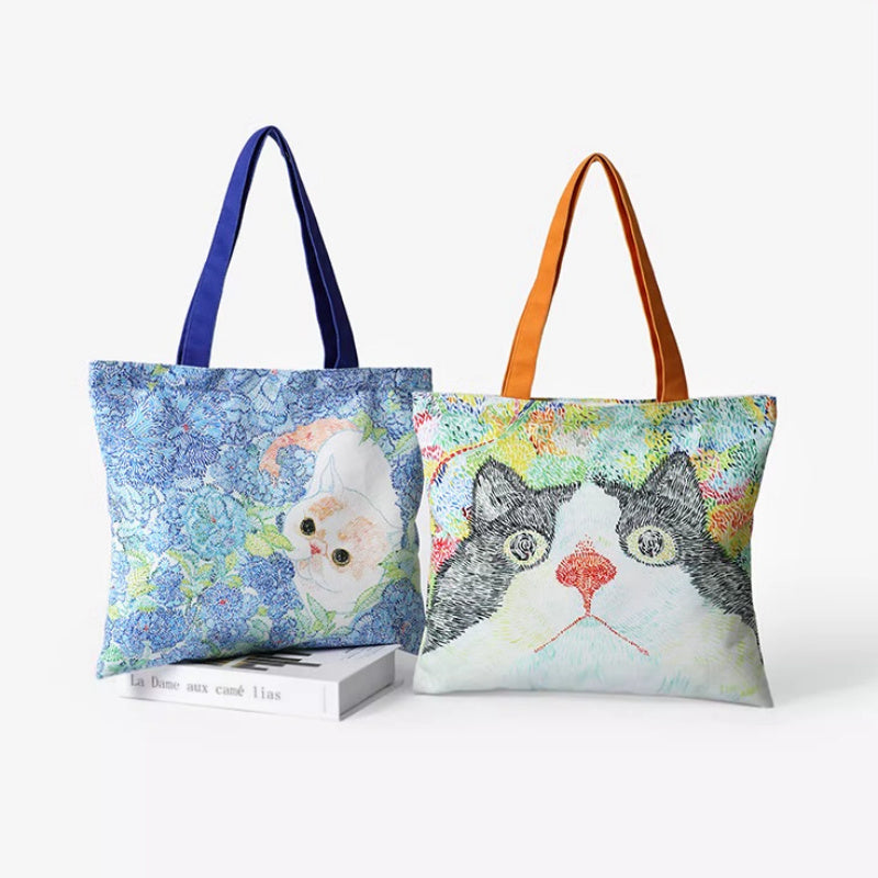 Cat Illustration Shoulder Bag Large Capacity Canvas Bag