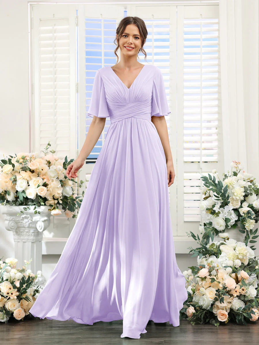 Chiffon Evening V-neck Butterfly Sleeve Host Long Dress