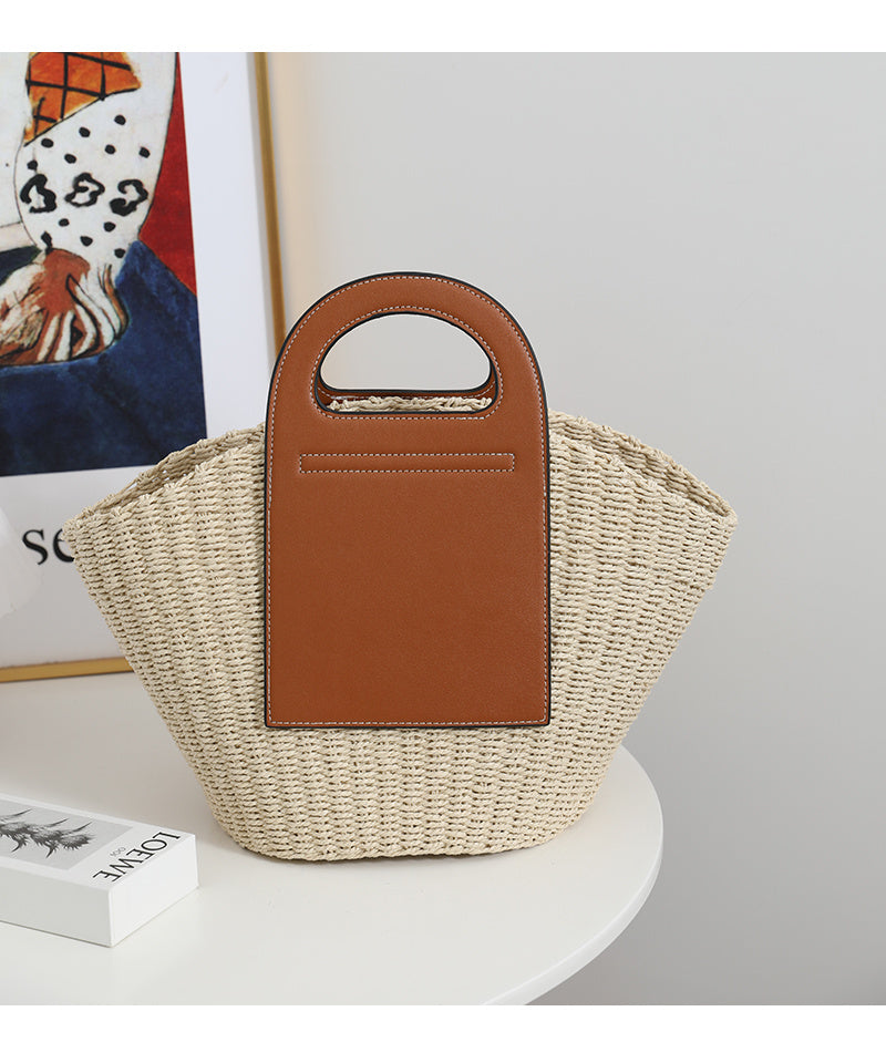 Splicing Retro Straw Bag With Large Capacity