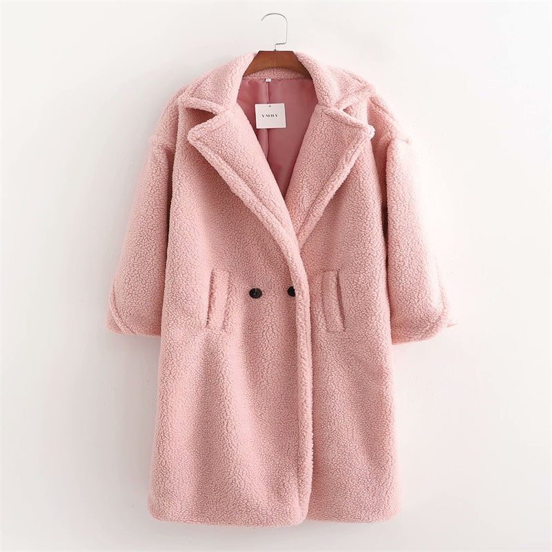 Manteau long thermique épais à manches longues en peluche artificielle pour femme