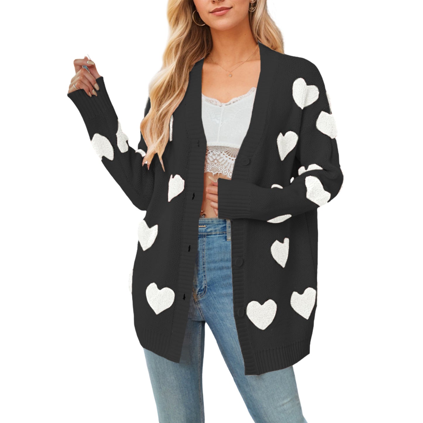 Heart Knitted Cardigan V-neck Buttons Mid-length Coat For Women