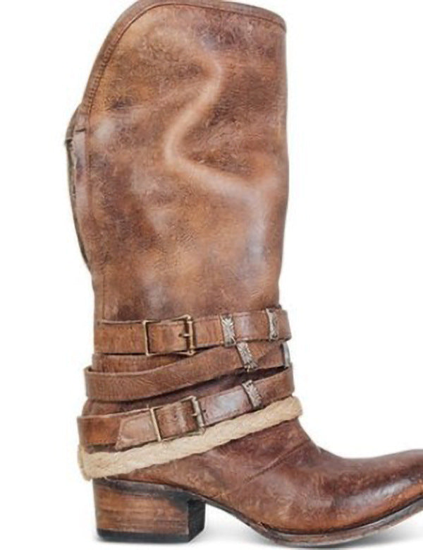 Women's Belt Buckle Thick Heel Middle Boots