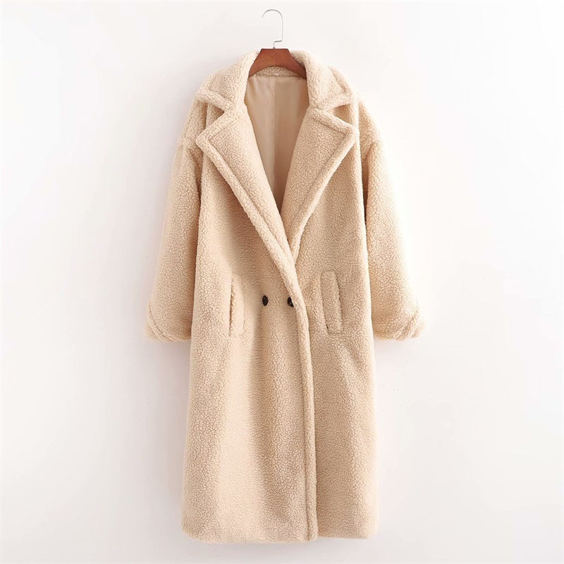 Manteau long thermique épais à manches longues en peluche artificielle pour femme