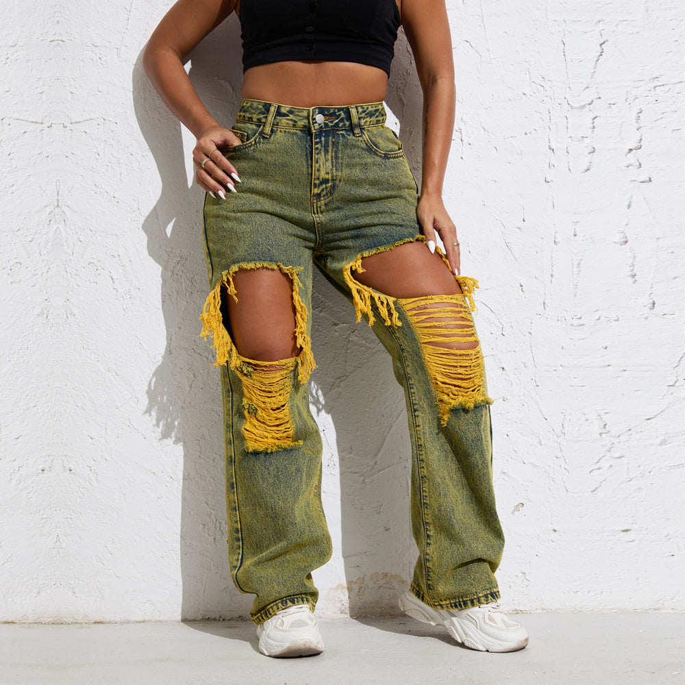 Pantalones vaqueros Shascullfites Melody con lavado amarillo, estilo urbano, holgados y rectos, rotos, estilo retro Y2K, para mujer