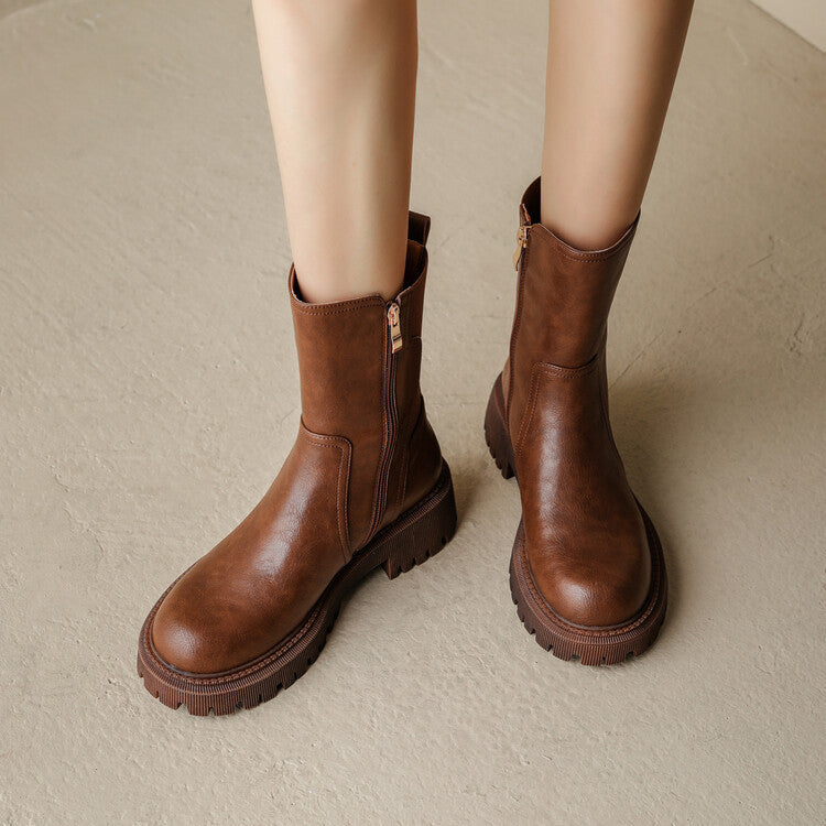 Round Toe Thick Sole Side Zipper Short Boots