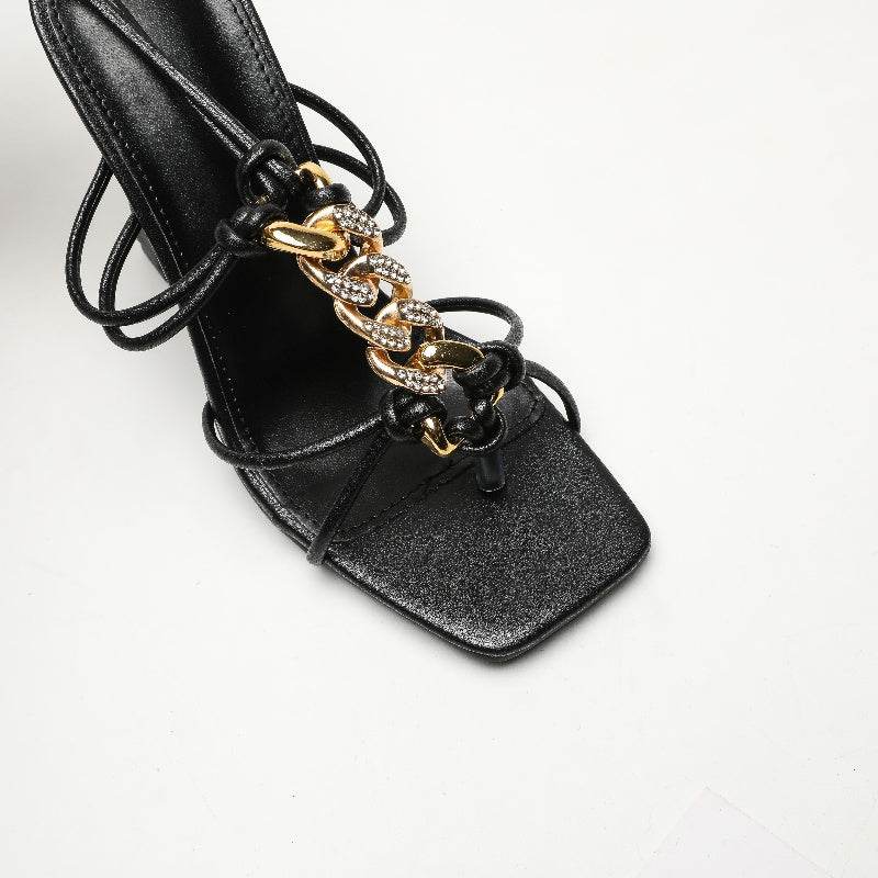 Elegant Square Toe Personalized Rhinestone Chain Fashion Sandals