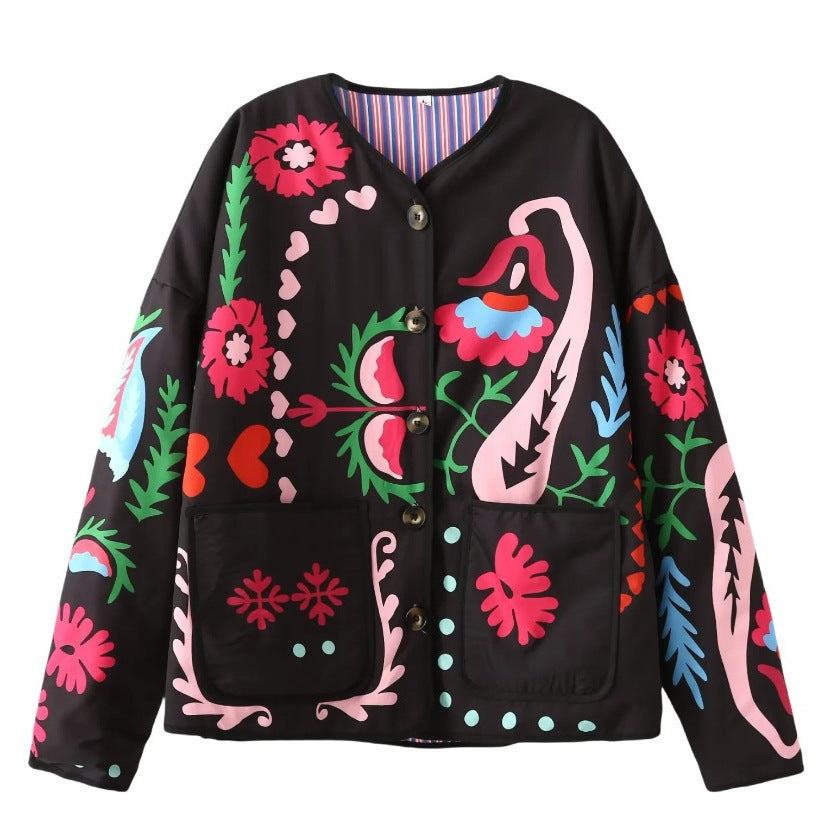 Printed Pocket Cotton Jacket Women