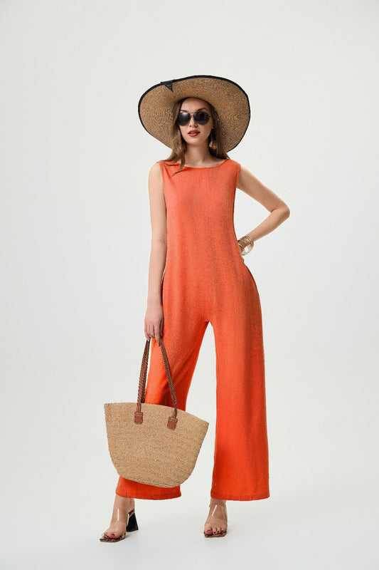 Women's Linen Jumpsuit - Comfortable And Breathable, Elastic Back With Classic H-Line Design And Pockets, Available In Black Apricot And Orange Red