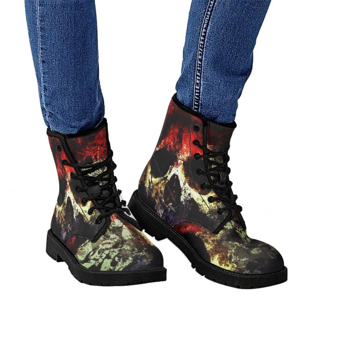 Printed Women's Leather Flat Bottom Low Heel British Martin Boots