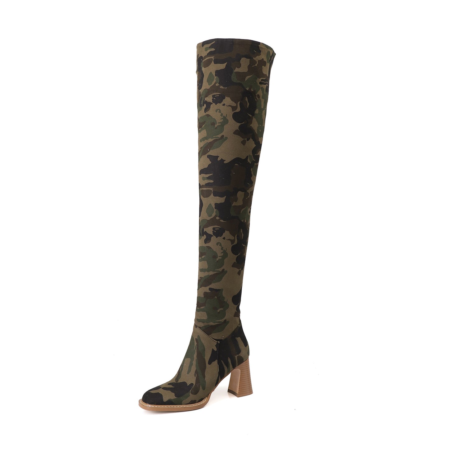 Botas largas de mezclilla con tacón grueso y diseño de camuflaje y cabeza redonda para mujer