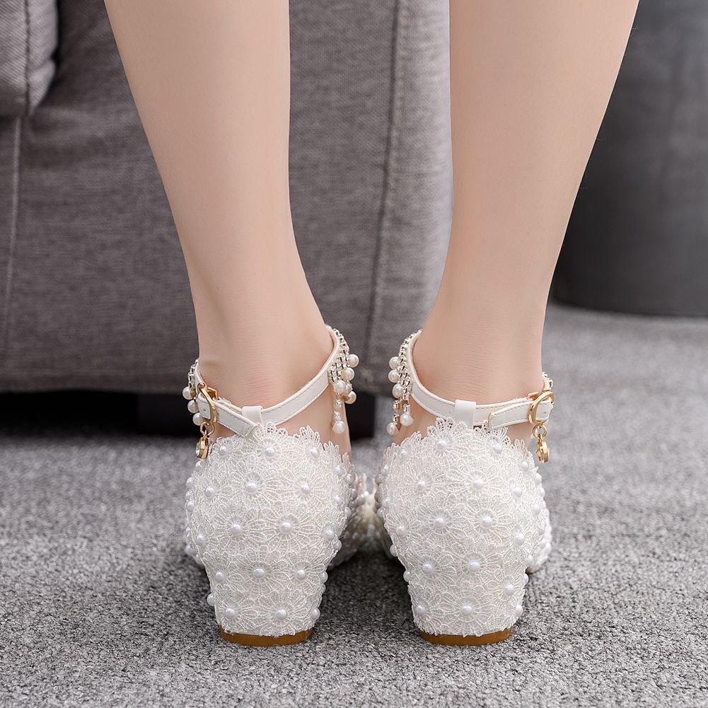 Square Heel Round Toe Pumps With White Lace Wedding Shoes Bridesmaid Shoes