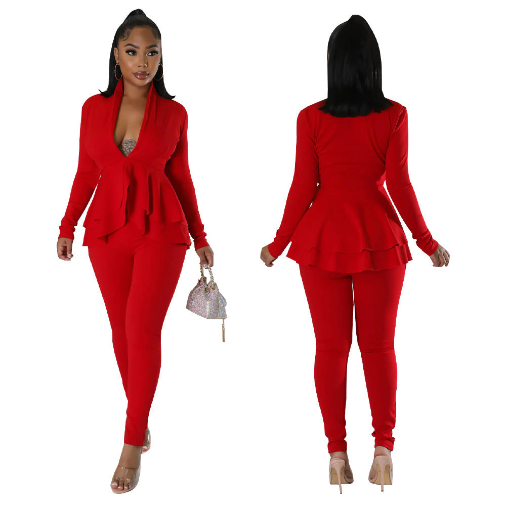 V-neck Flounce Long Sleeve Pencil Pants Suit