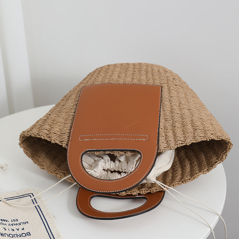 Splicing Retro Straw Bag With Large Capacity