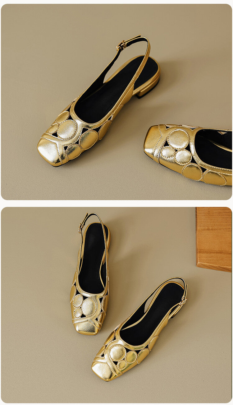 Fashion Summer New Toe Cap Female Square Toe Low Heel Back Strap Buckle Gold Silver Hollow Elegant Women's Shoes