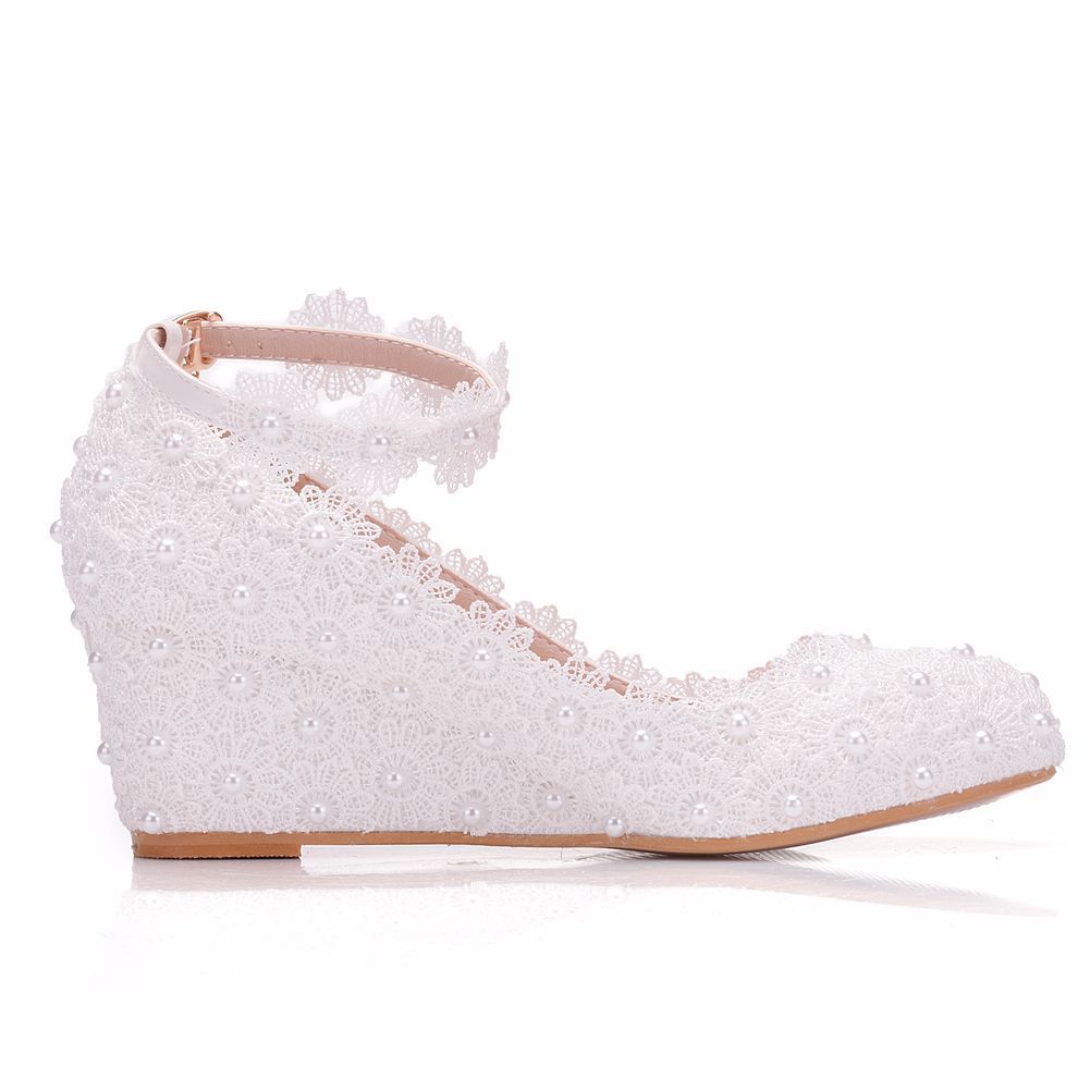 White Lace Pearl High Heel Shoes