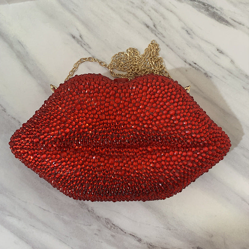 Bolso de mano para cena con cadena de labios de acrílico con diamantes incrustados y diamantes de imitación