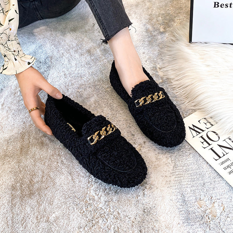 Fluffy Shoes Women's Winter Wear New Lamb Gommino Velvet Thermal Non-slip