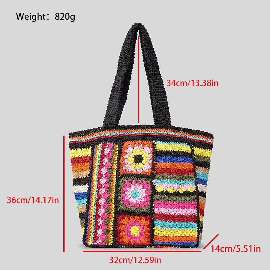 Vintage Floral Wool Woven Bag Women's Ethnic Style Handmade Crochet