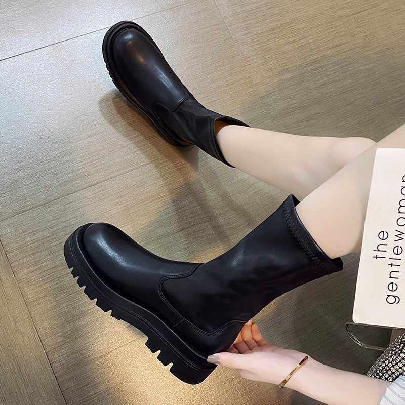 Thin Black Elastic High Boots Are Small And Slim