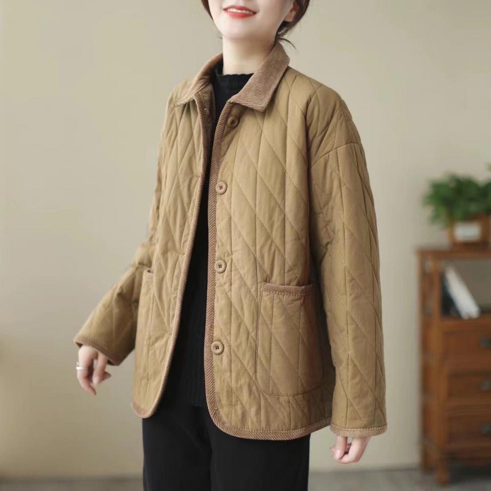 Vintage Collar Cotton-padded Clothes Stitching Rhombic Lapel Cotton-padded Loose Jacket