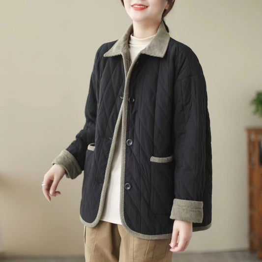 Vintage Collar Cotton-padded Clothes Stitching Rhombic Lapel Cotton-padded Loose Jacket