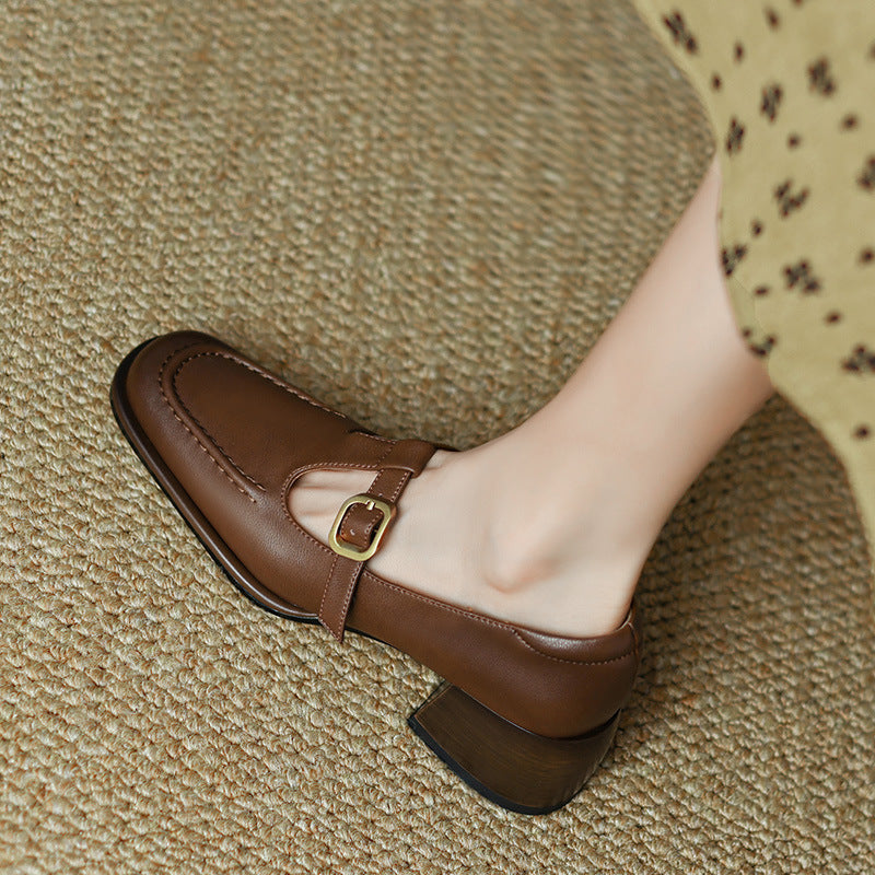 Mid Heel Chunky Heel French Retro Brown Shallow Mouth Pumps