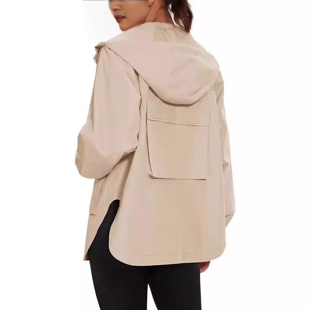 Women's Long Sleeve Zipper Hooded Jacket Trench Coat Casual Jacket