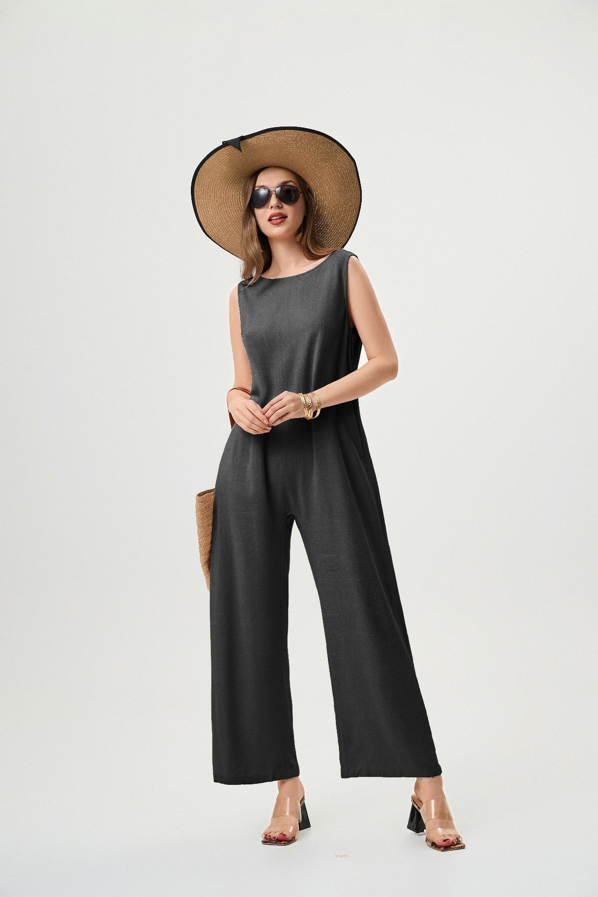 Women's Linen Jumpsuit - Comfortable And Breathable, Elastic Back With Classic H-Line Design And Pockets, Available In Black Apricot And Orange Red