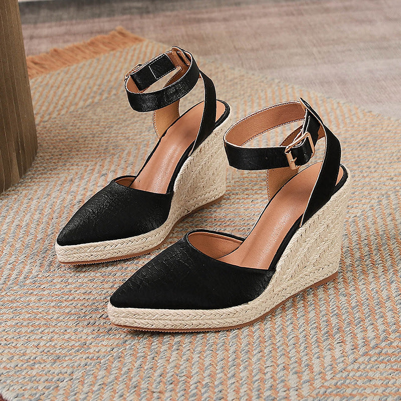 Women's Straw Woven Wedge Platform High Heel Pointed Sandals