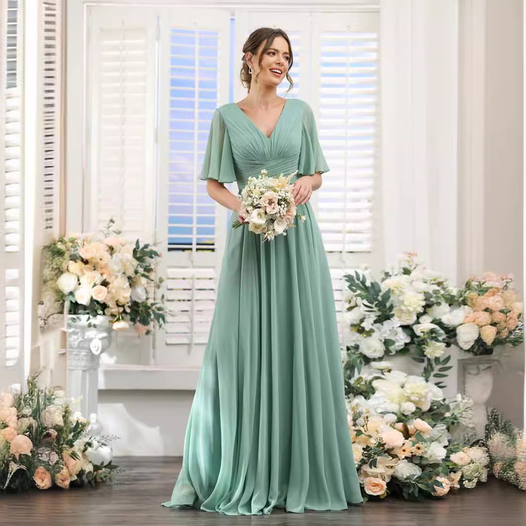 Chiffon Evening V-neck Butterfly Sleeve Host Long Dress