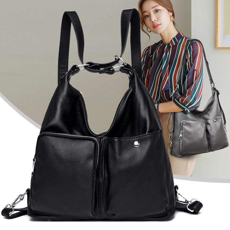 Large Capacity Lychee Pattern Ladies Shoulder Bag Soft Leather Mother