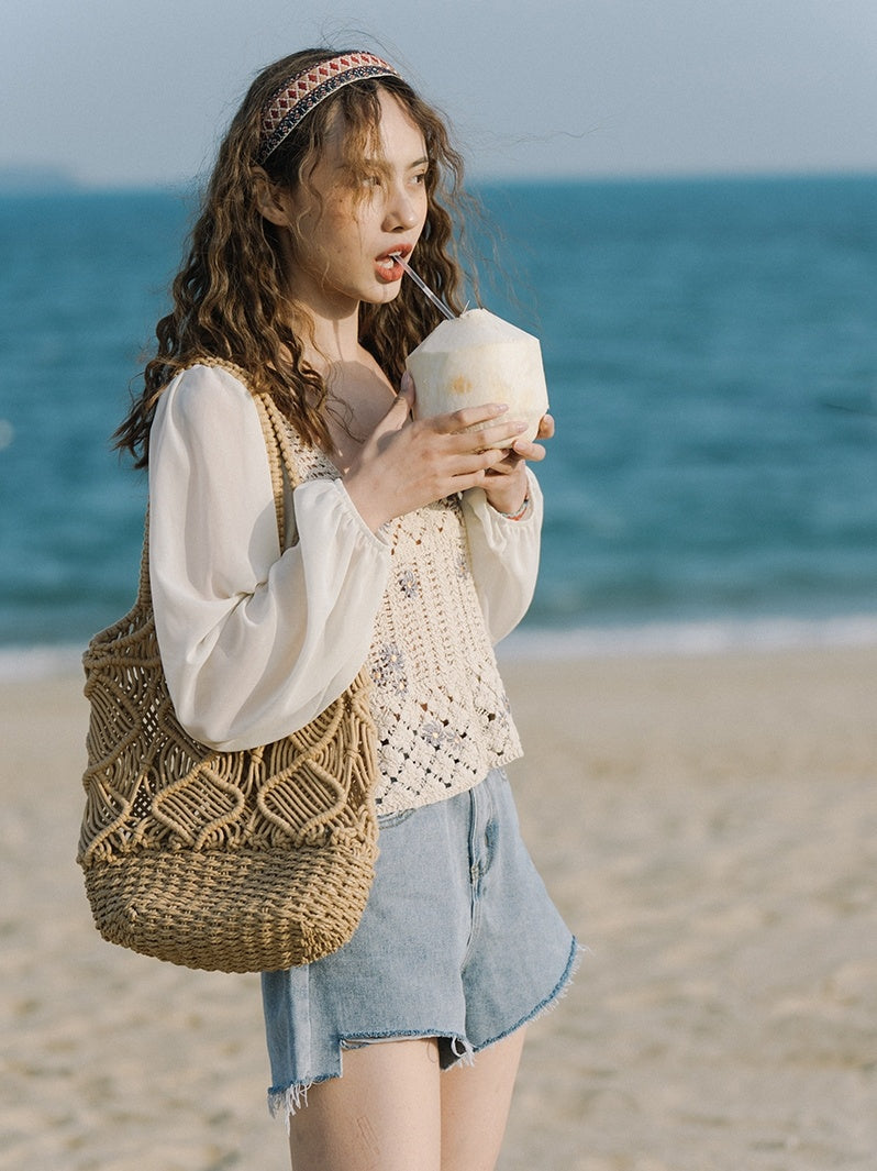 Grass Woven Hollowed Out Hand Woven Bag Beach Shoulder