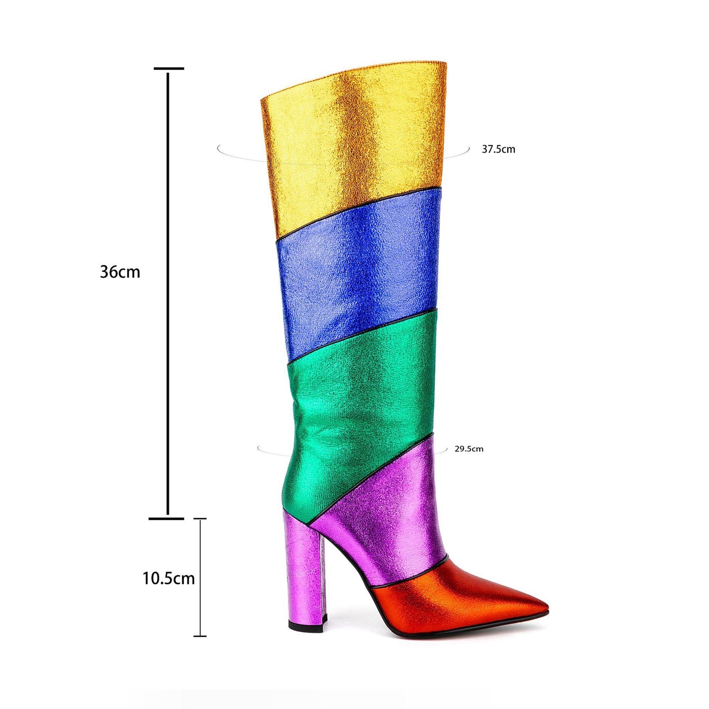 Tribal Card Metal Rainbow Color-blocking Pointed Chunky Heel Middle Boots