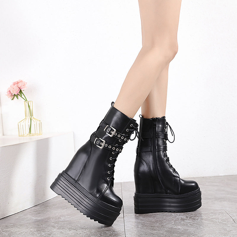 Female New Style Of All Kinds Of Internal Increased Wedge-heeled Platform Ankle Boots High Heel