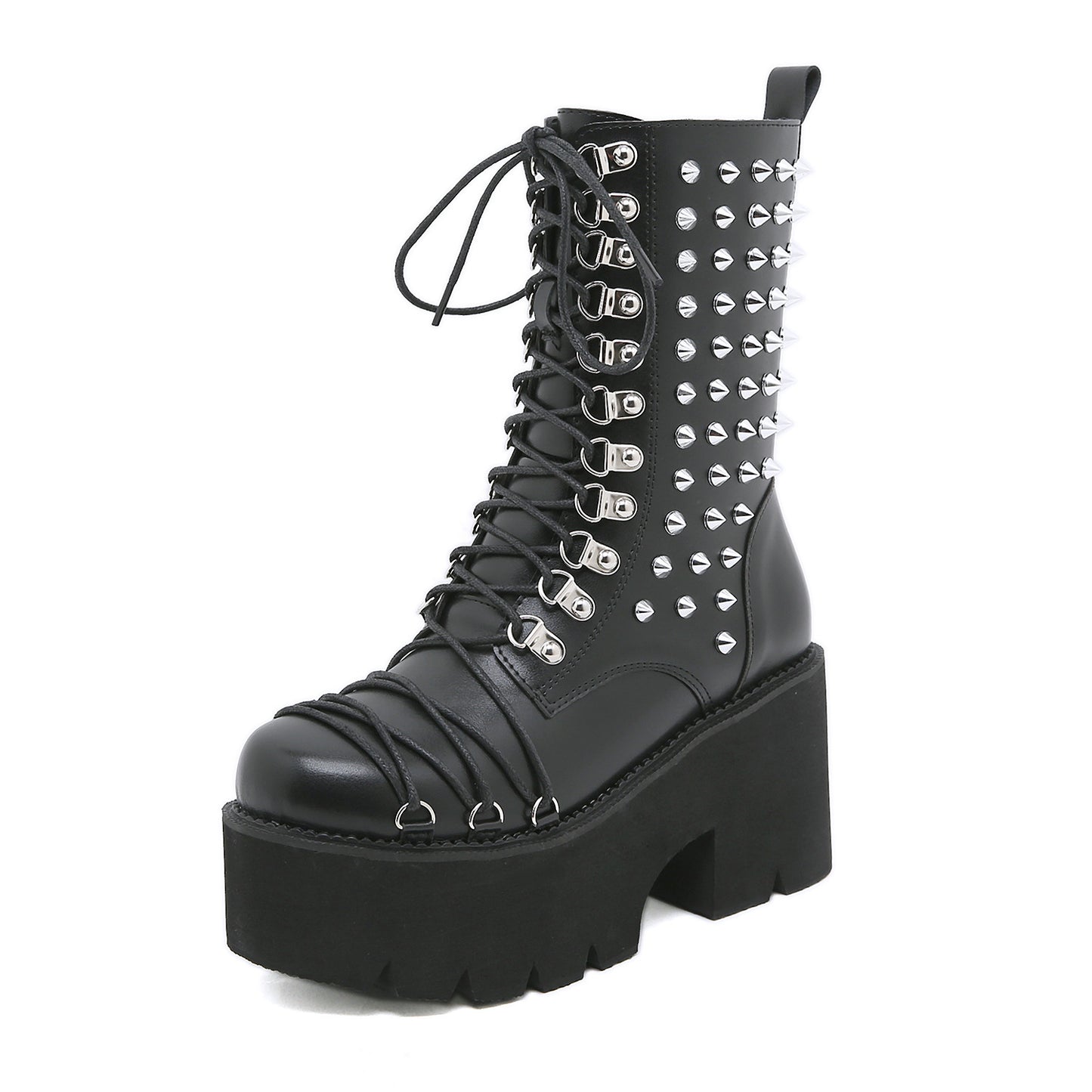 Autumn And Winter New Chunky Heel Side Zip Thick Bottom Fashion Rivet Knight Boots