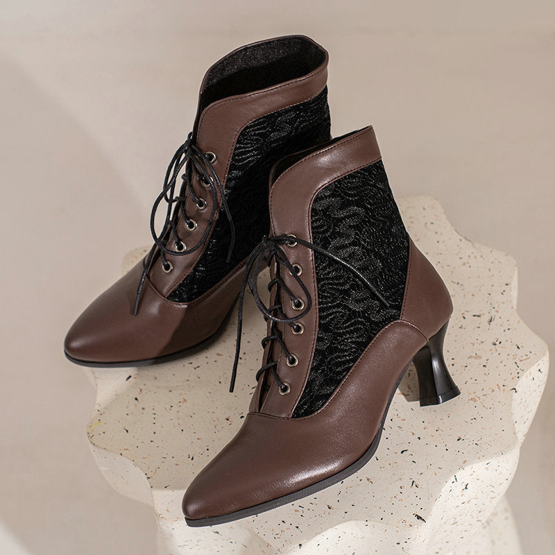 Bottines à talon chaton pour femmes, lacets ajourés en dentelle pour automne et hiver