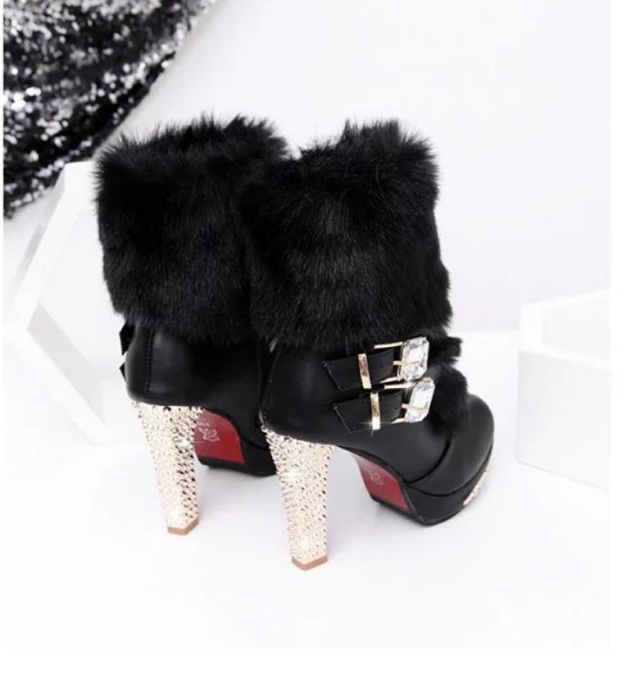 Chunky Heel High Heel Mid-calf Leather And Fur Integrated Rhinestone Women's Boots