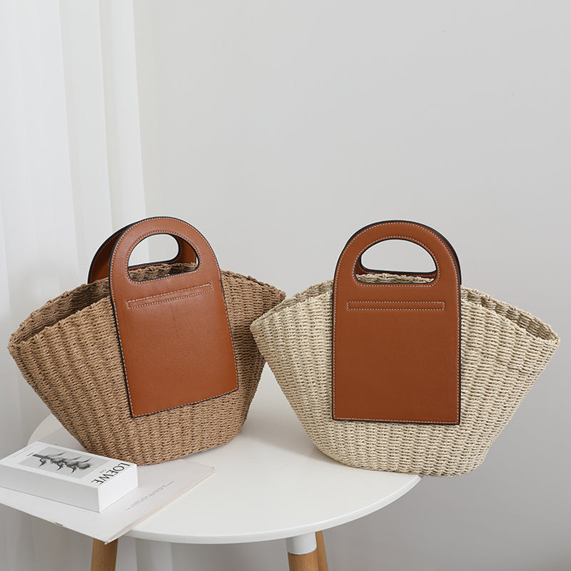 Splicing Retro Straw Bag With Large Capacity