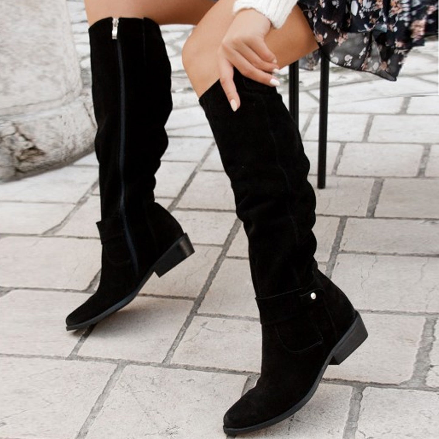 Botas altas de ante con cremallera lateral y tacón bajo para mujer de otoño e invierno