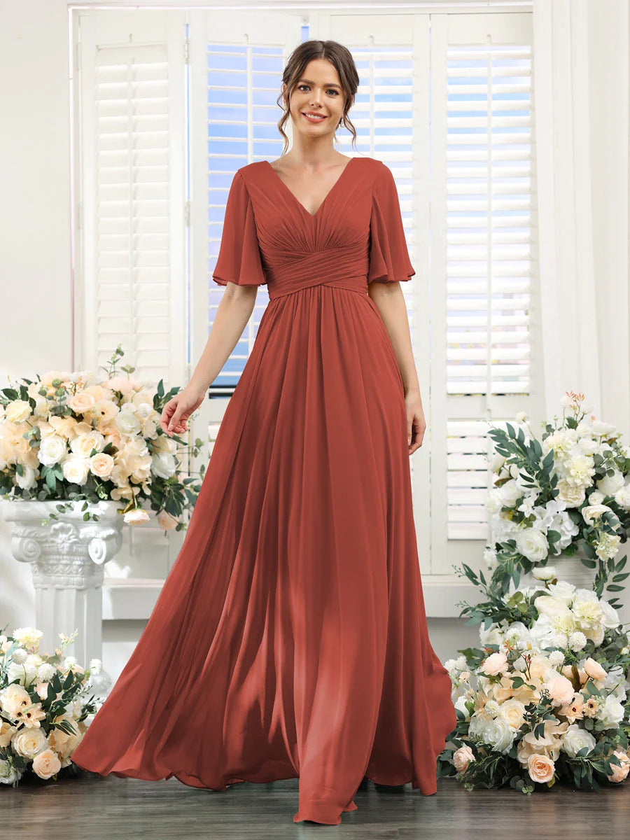 Chiffon Evening V-neck Butterfly Sleeve Host Long Dress