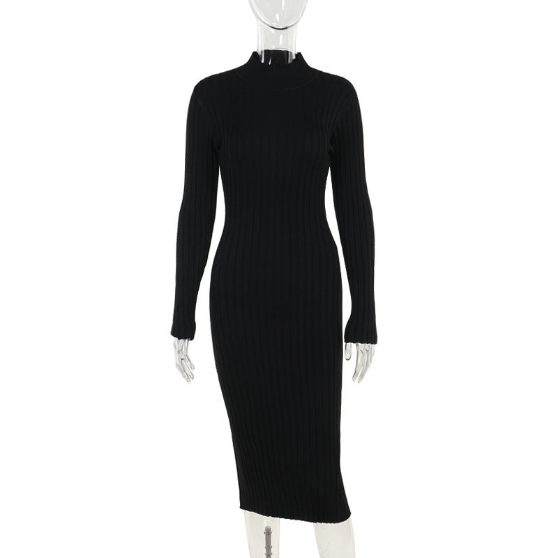 Temperament Leisure Slim-fit Turtleneck Woolen Big Pit Strip Dress