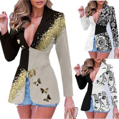 Women's Printed Contrast Color Lapels Blazer