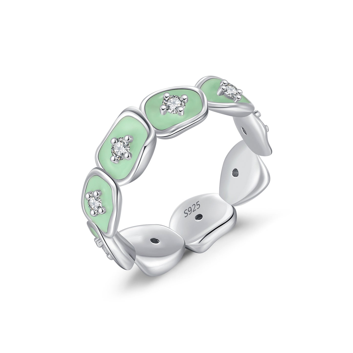 Bague en argent sterling S925 avec diamant irrégulier avancé et émail vert menthe