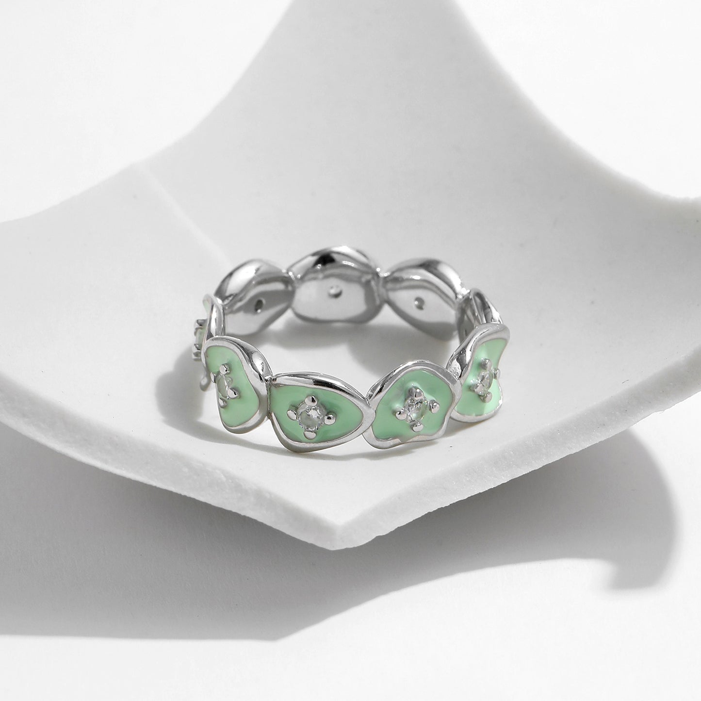 Bague en argent sterling S925 avec diamant irrégulier avancé et émail vert menthe