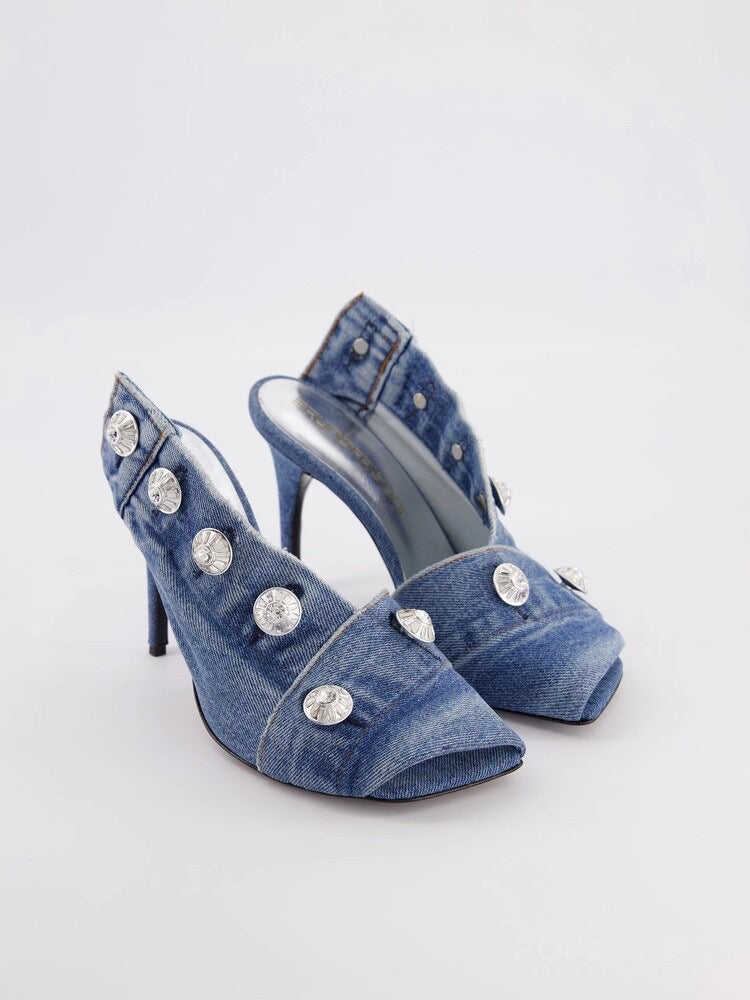 Women's Stiletto Heel Square Toe Denim Metal Rivet Slippers