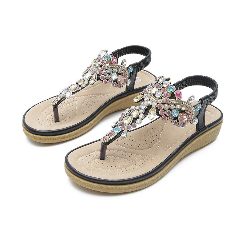 Sandalias planas con diamantes de imitación de estilo bohemio