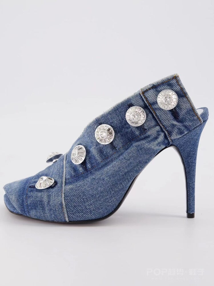 Women's Stiletto Heel Square Toe Denim Metal Rivet Slippers