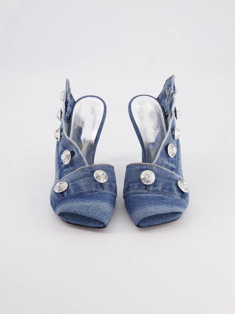 Women's Stiletto Heel Square Toe Denim Metal Rivet Slippers